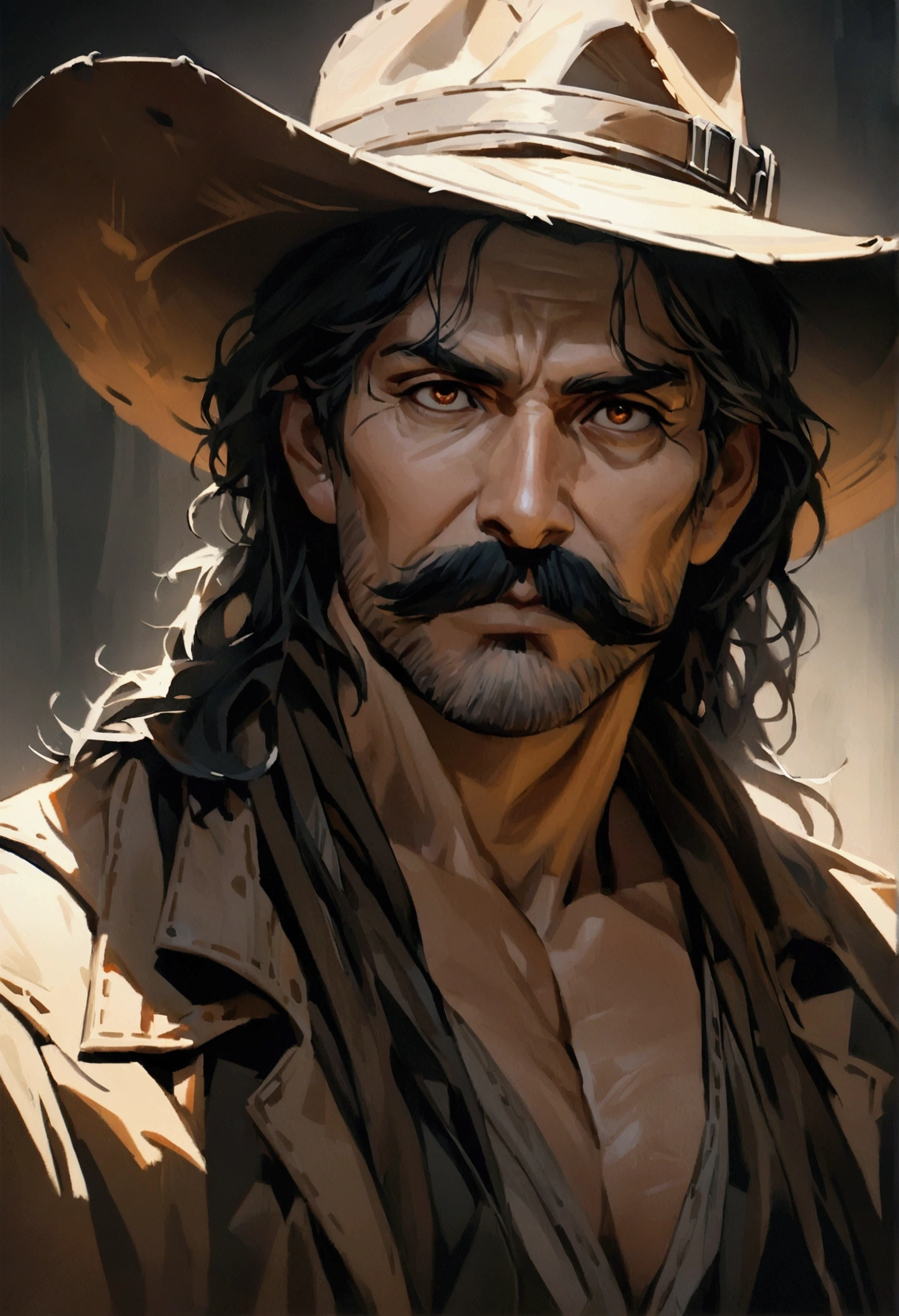 Make a western outlaw with a robust and charismatic appearance, his posture must be heroic and authoritative. He is approximately 40 years old. He is tall, thin, and lanky, but strong. His face shows determination and rugged masculinity, with piercing eyes that have seen many battles. He wears a bold handlebar mustache that adds to his authoritative appearance. He is wearing a cowboy hat and prospector clothes. draw the character from the front. high quality, detailed, expressionistic, moody colors, dramatic shadows and highlights, gritty, artwork, 8K, photorealistic