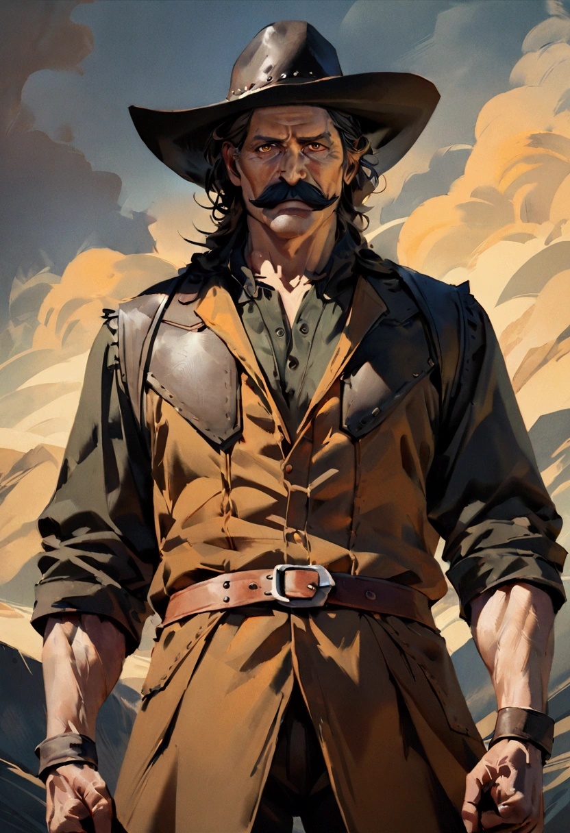Make a western outlaw with a robust and charismatic appearance, his posture must be heroic and authoritative. He is approximately 40 years old. He is tall, thin, and lanky, but strong. His face shows determination and rugged masculinity, with piercing eyes that have seen many battles. He wears a bold handlebar mustache that adds to his authoritative appearance. He is wearing a cowboy hat and prospector clothes. draw the character from the front. high quality, detailed, expressionistic, moody colors, dramatic shadows and highlights, gritty, artwork, 8K, photorealistic