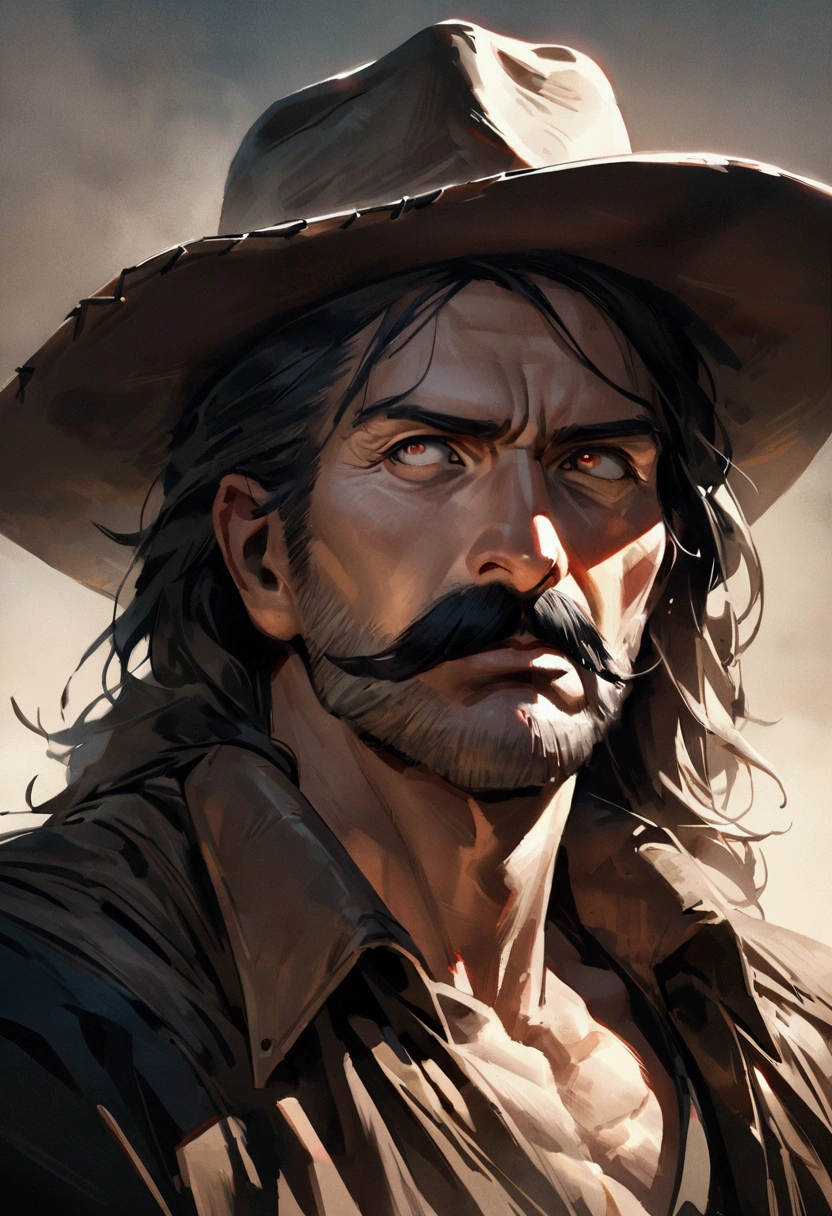 Make a western outlaw with a robust and charismatic appearance, his posture must be heroic and authoritative. He is approximately 40 years old. He is tall, thin, and lanky, but strong. His face shows determination and rugged masculinity, with piercing eyes that have seen many battles. He wears a bold handlebar mustache that adds to his authoritative appearance. He is wearing a cowboy hat and prospector clothes. draw the character from the front. high quality, detailed, expressionistic, moody colors, dramatic shadows and highlights, gritty, artwork, 8K, photorealistic