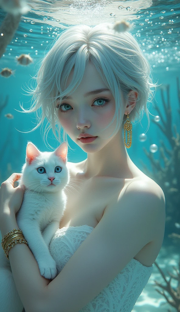 masterpiece, best quality, 8K resolution, very detailed, hairy，blue eyes, gray hair, Short hair, water elements, Underwater background, White cat, White skin, white stripes, White bracelet, corals,bubble, Gold earrings