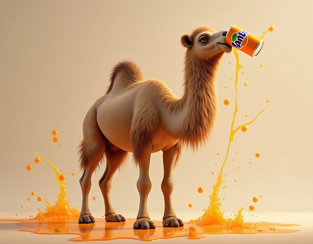 Make a camel holding a can of orange-flavored Fanta with its hooves and drinking it., with texture of drops and bubbles of orange juice around it