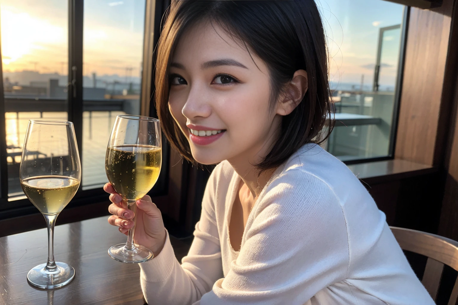 (Realistic:1.1),(masterpiece,Highest quality),8k,(49 years old), 53 years old, ベリーslimボディ、slimカップル、Tight waist,Upper Body,sashimi、Tempura、Japanese sake、Shochu 、Amazing view of the sunset sky and clouds、Perfect Anatomy, Brown Hair, short hair,Random Hairstyles,((Highly detailed face and eyes:1.2)),Perfect golden ratio face,Long sleeve shirt、dress,(smile:1.2)、Shortcuts、cute、(Realistic, Intricate details:1.2), A bright smile、short hair,Bright Face、Champagne、sparkling wine、(slimな顔), (The body is slim), (Brown Hair), (Shortcuts), Upper Body, slim, wine glass,