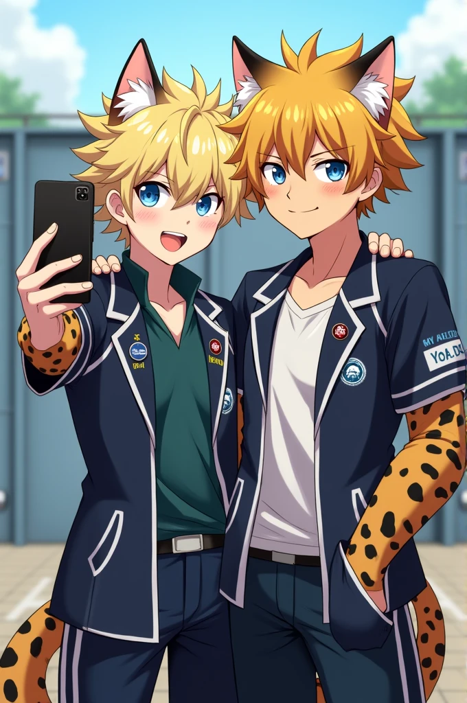 make a half-jaguar character wearing a uniform from the anime My hero academia called Min-hwan he has messy blond hair,small jaguar ears,instead of arms, it has jaguar paws,blue eyes make him next to Denki kaminari taking a selfie together