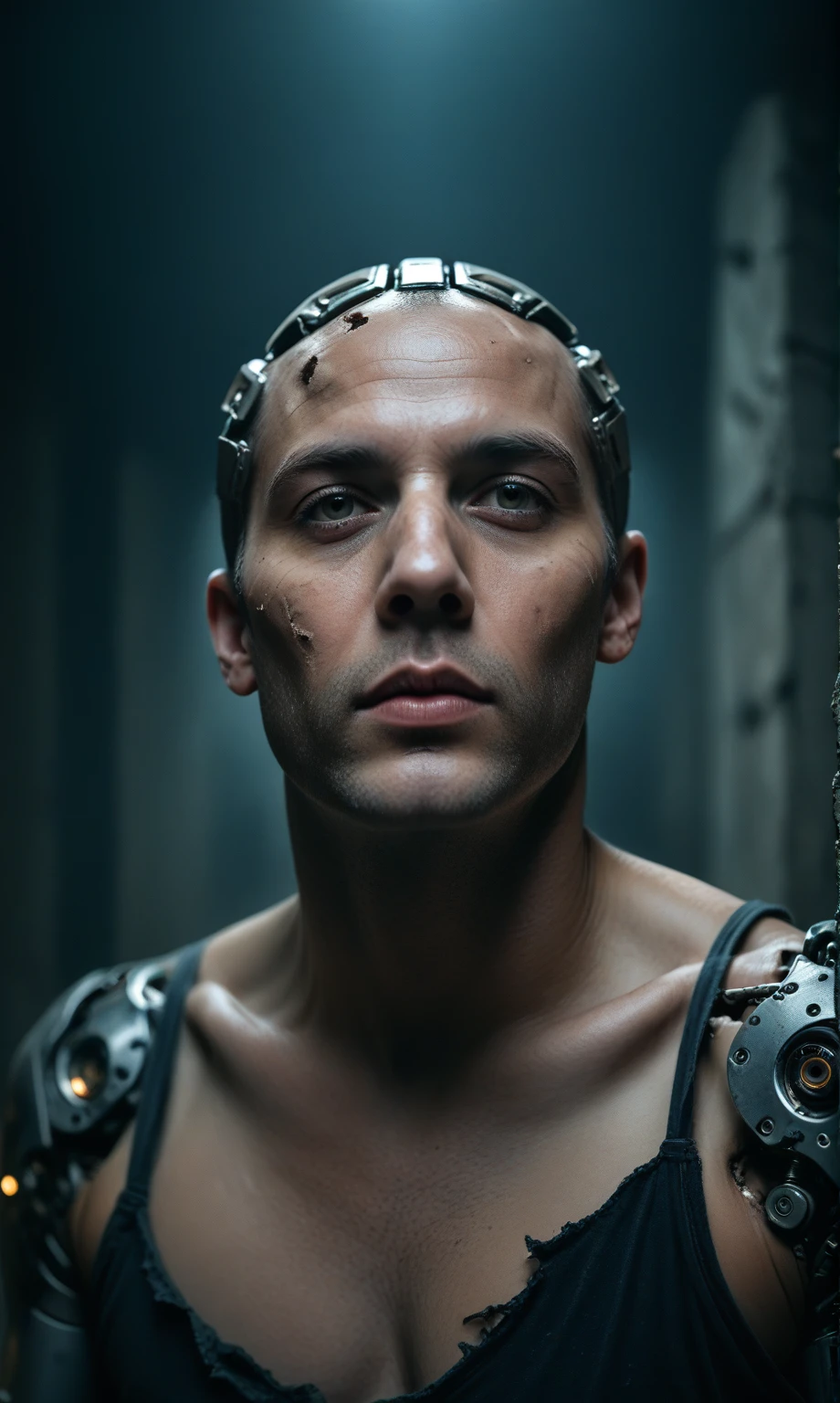 score_9, score_8_up, score_7_up, score_6_up, score_5_up, score_4_up, realistic style, photo, photorealistic, high detail, (sharp), BRAKE, portrait, scary man, (cyborg), ((mechanical head,)), mechanical body, mechanical arms, mechanical legs, BRAKE, stands on the rubble of a destroyed city, looks at the viewer, (post-apocalyptic landscape), dark atmosphere, dark lighting, low light, cinematic, photo from a movie, g