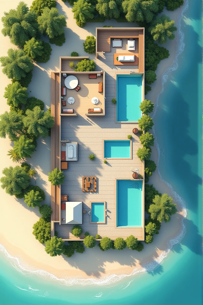 2D hotel floor plan on the beach which first takes the reception space The restaurant space The recreation space The L-shaped parking lot One part in front and the rest on the side, the rooms, A SPA room, An area for people with disabilities, three pools, Connection with green areas, That could be something like an open space and a septic tank outside the hotel.
