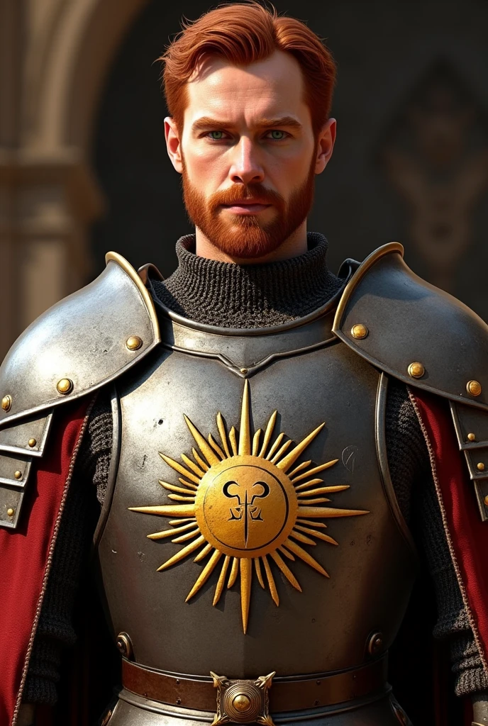 Create a red-haired man with green eyes, a well-shaped beard and beautiful hair, with armor with sun symbol of house martell