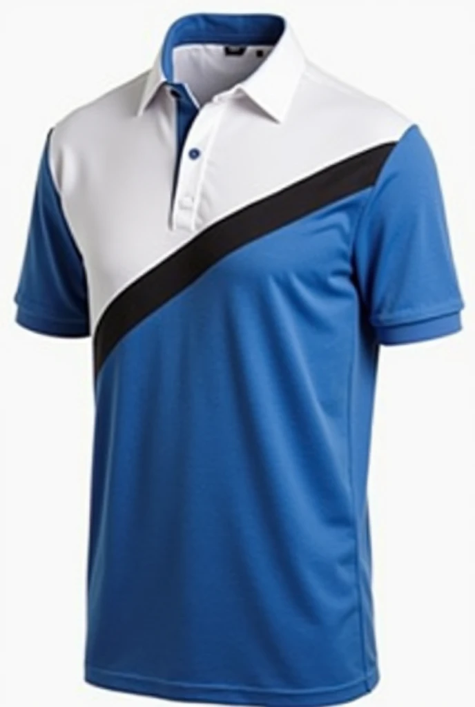 Make me a polo shirt with one straight half white and one blue and between these a black stripe