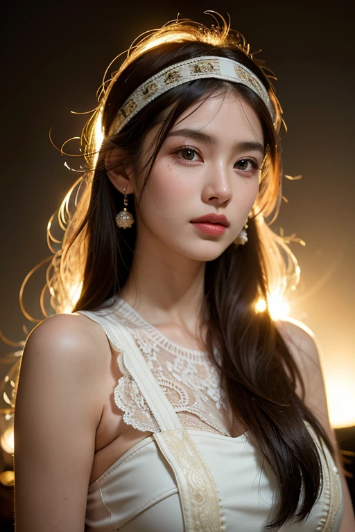 The best qualities of a military woman, masterpiece, Ultra-high resolution, Supermodel, Super beautiful face, pure Body, Clearly visible pores, Big (Smile:0.8), Wear cultural clothing (Lace headband:1.2), (realism:1.5), original photo, Body, Sweating all over, Bare shoulders, in the darkness, Low profile, Cold Light((best quality)), ((masterpiece)), (detailed), Perfect face. Watching the Solar Eclipse