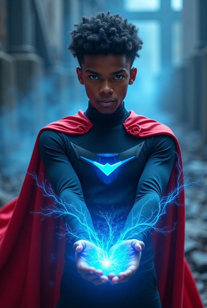 Create an image of a young, dark-skinned man, black uniform with blue details, with a red cape and a look and short afro hair and blue eyes using blue energy 

