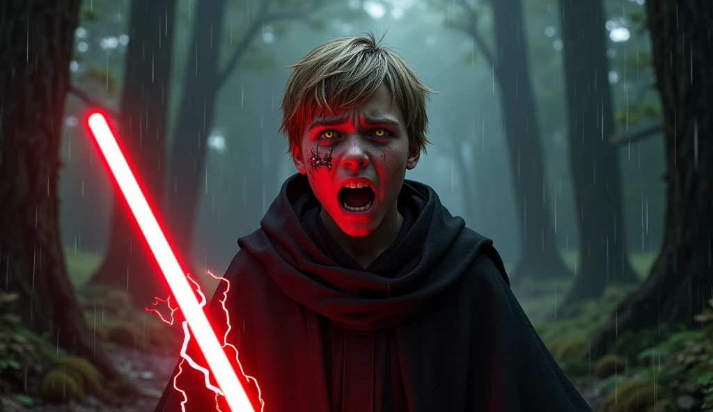 Character based on the world of Star Wars, a young 13 years ager male sith lord, dark blonder short haired, yellow eyes, dark simple cloats, in the dark rain florest, high realism, blood crying, broken sith mask, fontal, screaming, red lightsaber and lightnings in his hands