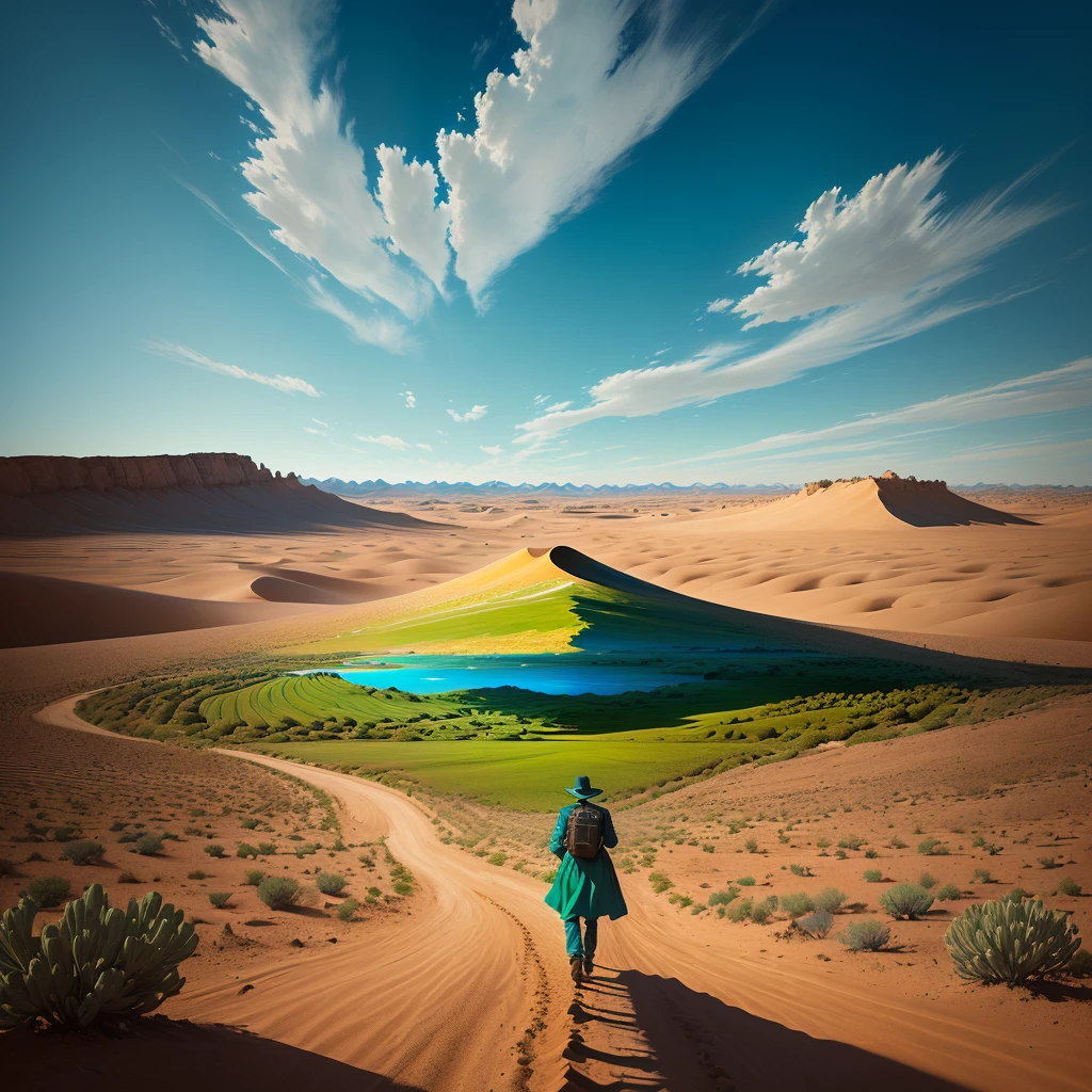 there is a man walking on a dirt road, leaving a desert place and going to a place with green pastures and beautiful blue sky, highlighting the transition from desert to green pastures, epic surrealism 8k oil painting, surreal photography, surrealism 8k, cena surreal, SurrealArt, the journey of life, surreal photo, surreal style, surreal digital art, in a surreal dream landscape, surreal composition, dreamlike surrealism