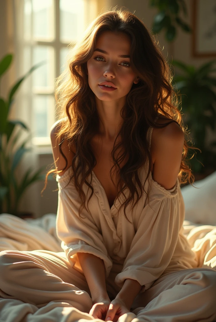 (photorealism:1.2), beautiful woman, sitting on bed, wearing loose off-shoulder top, pajama pants, long curly hair, indoors, soft lighting, plants in background, window with sunlight, cozy room, relaxed pose, realistic, intricate details, warm colors, by Greg Rutkowski, by Alphonse Mucha