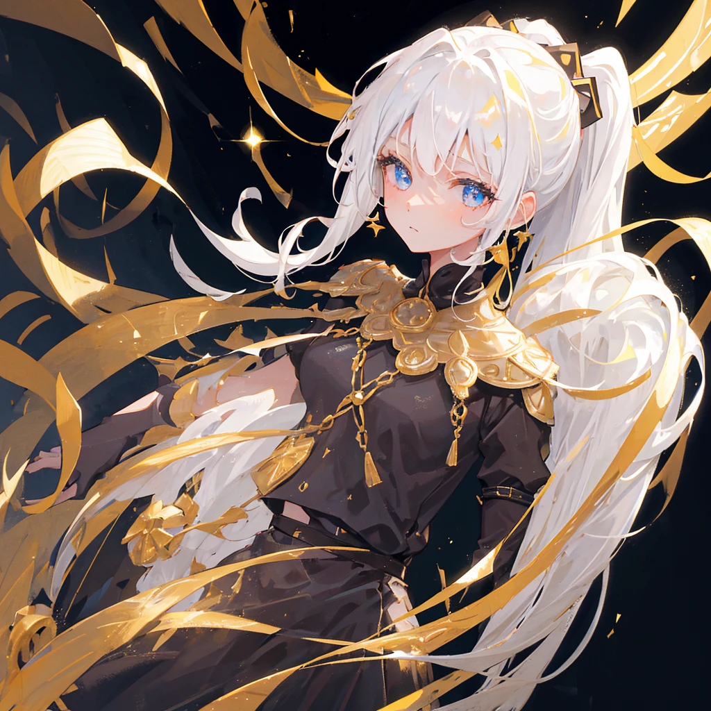 A girl with a white high ponytail，Facing the camera，Hopeful expression，White hair，Gorgeous clothes，Black gold tone，Stars are shining around the body，shine，Gold decorations，((Pure black background))