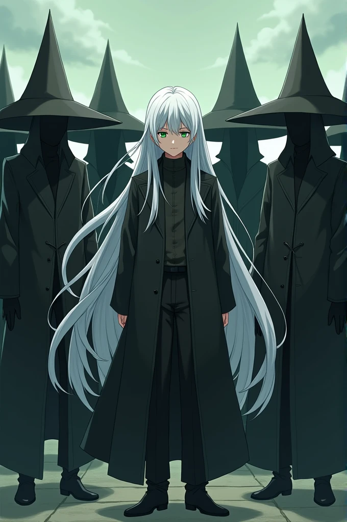1 anime picture of 10 geniuses wearing conical hats covering their faces, There is a male character with white hair to his feet, green eyes, and no bangs.