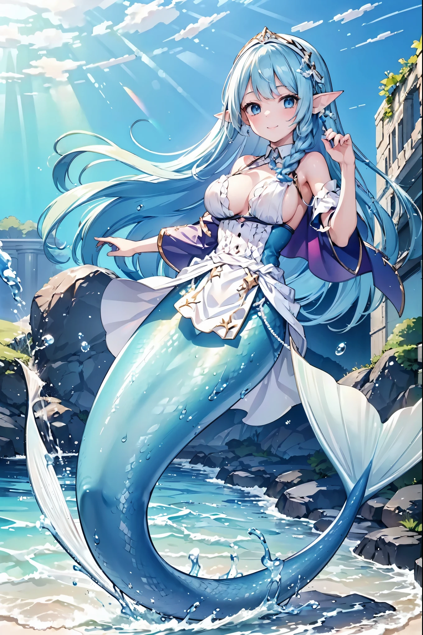 masterpiece, best quality,A girl,Blue Hair,White Dress,Ahog,blue eyes, Elf ears,Solitary,Large Breasts,Mermaid,蓝色的Mermaid尾巴,full-body shot,(In the water:1.2),charming face(Kawaii, charming,Soft),Looking at the audience,Smile