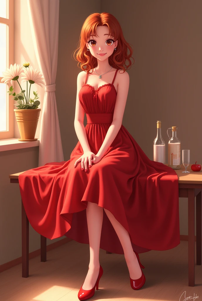 Sweet girt with curly hair with short red off shoulder dress with long shoes red nailpolish standing beside a table background plants and sunlight 