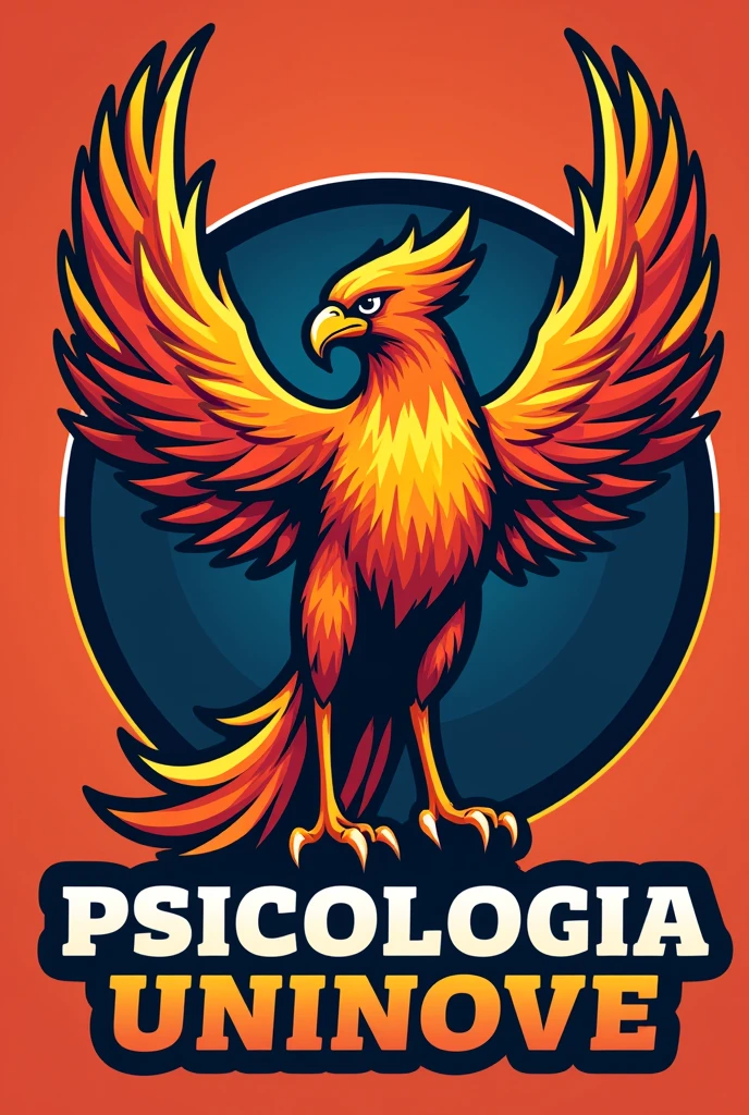 Create a mascot image for the Psychology course. The phoenix must have a confident and empowered posture, symbolizing strength and overcoming. He should be holding the Psychology symbol Ψ with an expression of determination.. Use colors that represent Psychology, like purple , no design, swirly vibrant colors. Include the name 'PSICOLOGIA UNINOVE' in bold, with typography that conveys power and professionalism. The mascot's style should be aggressive and inspiring., with features that show power and resilience. Design should reflect the spirit of support, development and reception of the group, incorporating additional symbols related to Psychology, significant elements for the course and practice of Psychology. Make a logo and use it on social media. same color background, animal on fire and put the psychology dimbolo 