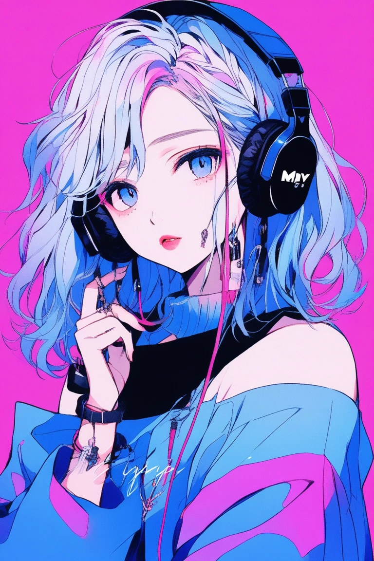 ((masterpiece,Highest quality)), 8k, anime , Realistic ,sketch, anime風のポートレート, 黒仔猫を連れたanimeの, Blue gradient background, Off-the-shoulder knit, Neon colored messy medium hair, lip, Big earrings, Wear headphones, Texture Trim, Canadian, Upper Body, (masterpiece,Highest quality)