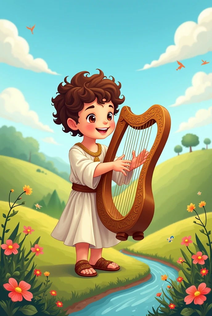 Cartoon image of King David as a child playing his harp