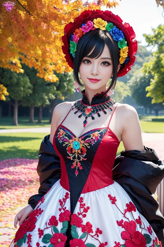 (masterpiece:1.4), (best quality:1.4), ultra high res, ultra high resolution, ((detailed facial features)), HDR, (realistic, photorealistic, photo-realistic:1.37), full body Esbian, sexy swedish model, (-anime), only 1 model, vivid colors, ((vivid colors colorful very short hair)), (happy smile), lip-gloss, long lashes, gothic makeup, defined eyebrows, wearing large sparkling colorful jewelery, wearing a red silk Paradise Kiss cosplay dress with black floral embroidery, ((vivid colors outfit)), vivid colors, look at the camera, cinematic light, large park background with trees, sweet and sexy pose