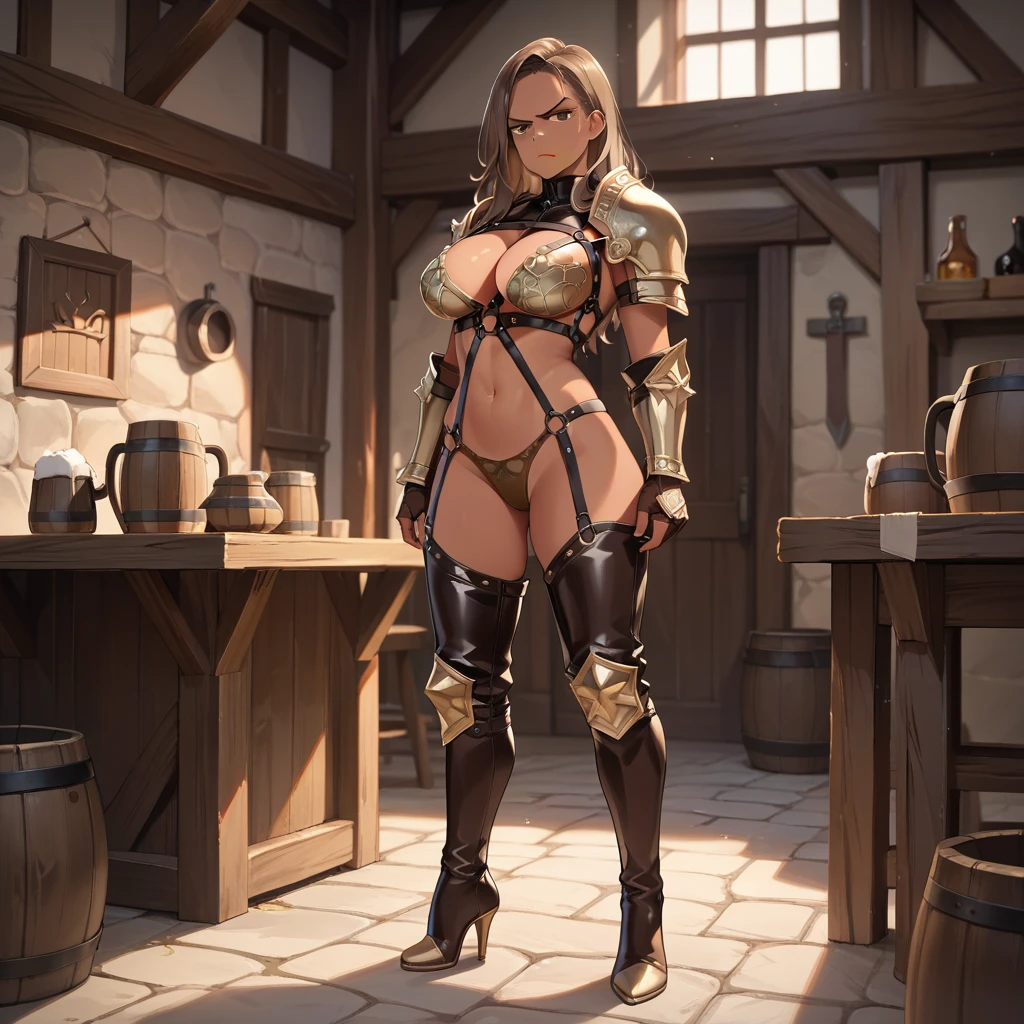 (masterpiece), best quality, expressive eyes, perfect face, tall, sexy body, tan skin, large breasts, in front of a quest board on a wall in a tavern background, annoyed looking face, standing, smooth brown hair, very revealing leather armor, 1girl, brown panties, leather full body harness, cleavage fully visible, sexy body,