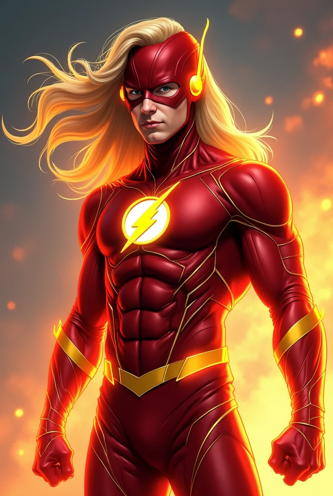 El hijo de flash y supergirl, adult, with a fused suit of both superheroes, and with a cape, rubio... Con traje de flash y supergirl fusionados, and lightning emblem and the "s" (de supergirl)