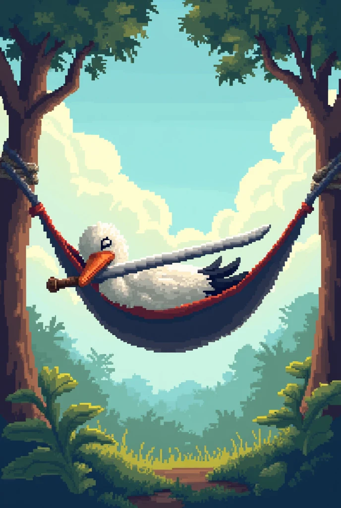 Create a stork that is sleeping in a hammock while holding a thin sword all this with a retro gaming pixel texture