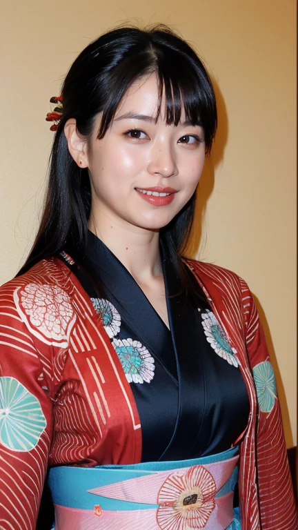 ((Highest quality、8k、masterpiece:1.3))、Photorealistic, Sharp focus, high resolution, High resolution,Portraiture, One person、Japanese、woman, beautiful woman, (((Japanese Kimono)))、30 years old, Plump, Medium Long Hair,smile