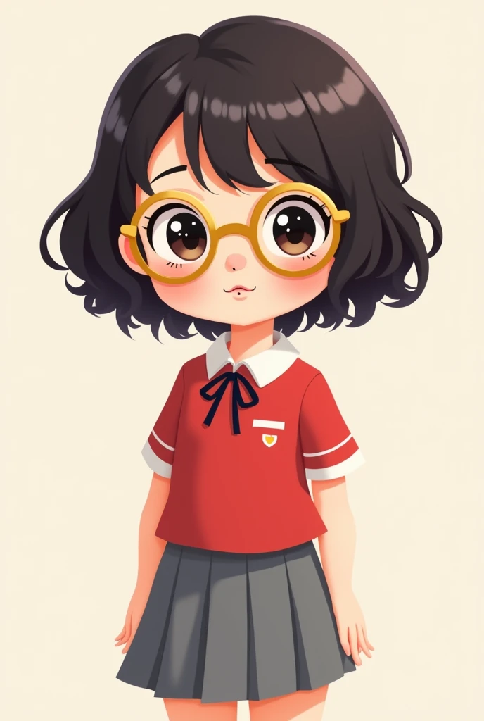 A cute cartoon girl with a gold glasses, short curley hair under her shoulder, has mole on her upper left lips, on her red shirt  uniform with a ribbon on and a gray tight skirt 