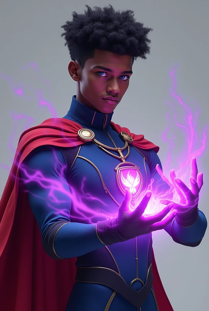 Create an image of a young, dark-skinned man, black uniform with blue details, with a red cape and a look and short afro hair and blue eyes using purple energy