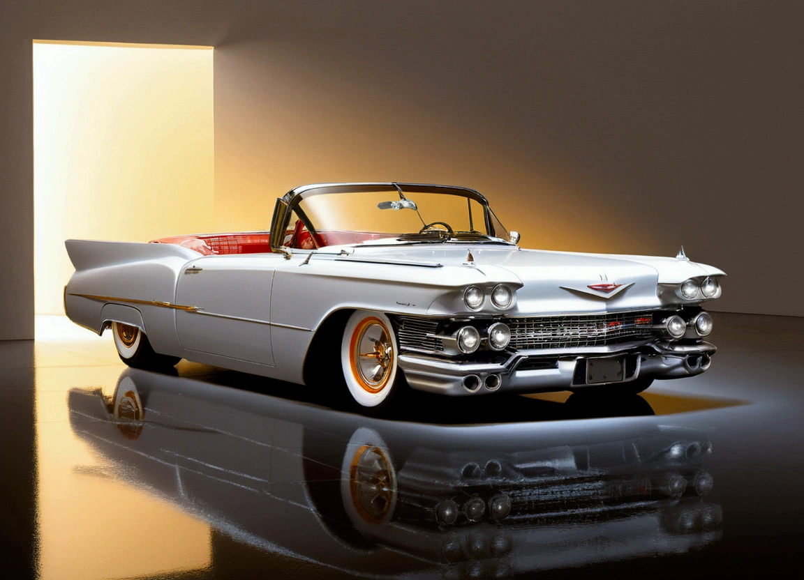DIAGONAL and distant CAMERA, full image of A beautiful 18 year old girl driving inside a 1959 Cadillac Eldorado Biarritz convertible hot rod, futuristic style, rounded corners, MIRRORED COLOR METALLIC reflective, METALLIC MIRROR COLOR, EXTREMELY POLISHED AND MIRRORED PAINTING, MIRROR PAINTING, Hot rod style , film style stalone cobra, the painting reflects the sunlight, reflection of light shine on painting, has a THICK AND WIDE wheel in the color GOLD star, has GOLD star color wheel, thick and ridiculously wide and turned sports wheels, GOLDEN AND POLISHED WHEELS, It has gold wheels, ridiculously lowered front suspension, inside a garage with white walls, image in diagonal pose, ​masterpiece, whole image
