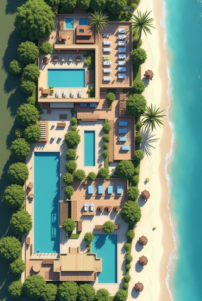2D hotel floor plan on the beach which first takes the reception space The restaurant space The recreation space The L-shaped parking lot One part in front and the rest on the side, the rooms, A SPA room, An area for people with disabilities, three pools, Connection with green areas, This could be something like an open space and a septic tank for waste water outside the hotel.