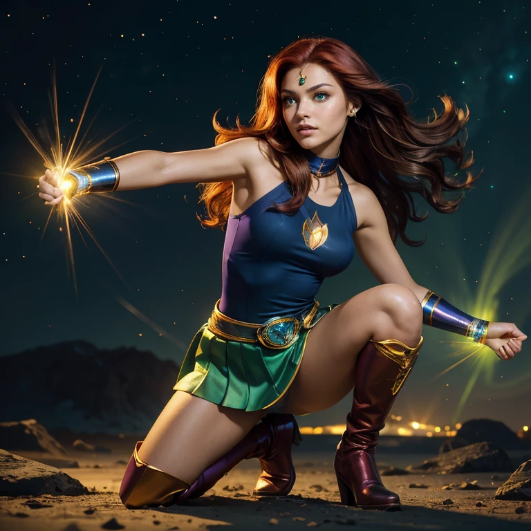 (masterpiece, best quality:1.5), highest quality, High resolution, super detailed, Realists, Full body photo of 18-year-old Starfire from Titans, detailed and beautiful green eyes, beautiful detailed lips, very detailed eyes and face, longeyelashes, additional eyebrows in the forehead area, Beautiful and colorful makeup, Fighting Pose, dark red hair, slightly orange skin, bright daylight, bright colors, fine brushstrokes, Portrait style, beautiful color palette, glowing skin, First-class rendering, that captures every detail, enchanting atmosphere, (perfect anatomy:1.2), (The stunning Starfire wears a dark blue top with shoulder plate, silver skirt and dark blue overknee boots.Animated series Teenans 2003, Starfire flies through the air, Energy glows green in her hands. panoramic view:1.2)