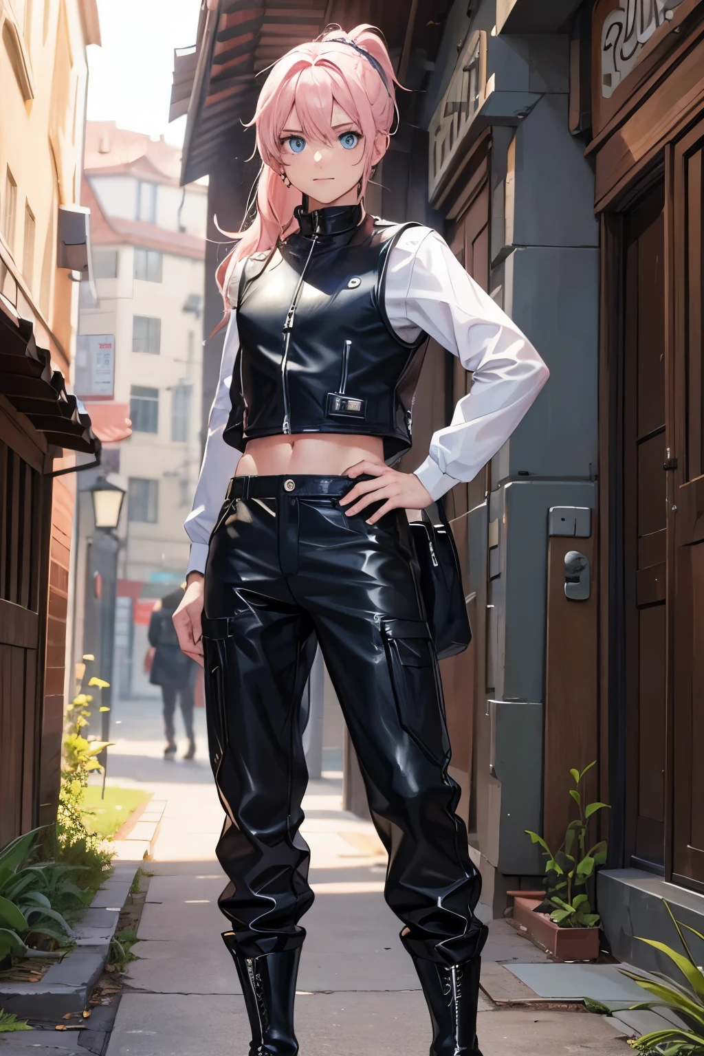 masterpiece, best quality, (ultra-detailed), (super fine illustration), BREAK, (1boy), Young adult man, BREAK, (male body), (full body), BREAK, slim bulid, well-bulid body, BREAK, (long hair, light pink hair, ponytail), BREAK, (perfect eyes, blue eyes, detailed eyes, vertical pupils), BREAK, light smile, BREAK, (leather vest, zipped), (black shirt, long sleeves) (black baggy pants, long pants), (boots), BREAK, looking at viewer, (medival village), standing, hands on own hips,