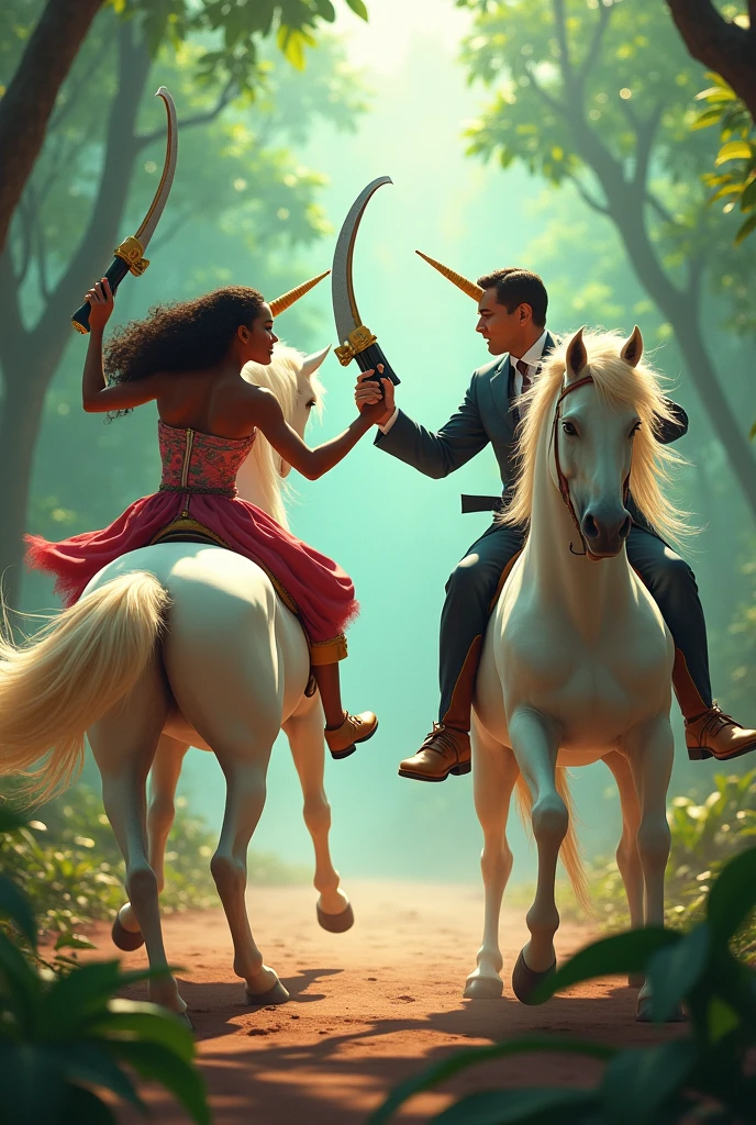 (photorealism:1.2) Tiana from the princess and the frog fighting against Nicolas Maduro in a fight with machetes and guns while they are riding two unicorns
