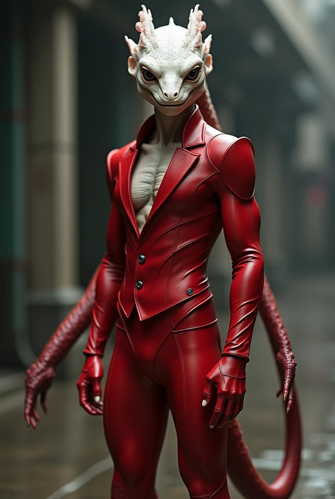 human male with small wrinkles that look like scales on his face, Her skin is white, He has a red, futuristic suit. The man has a long tail similar to that of a lizard.