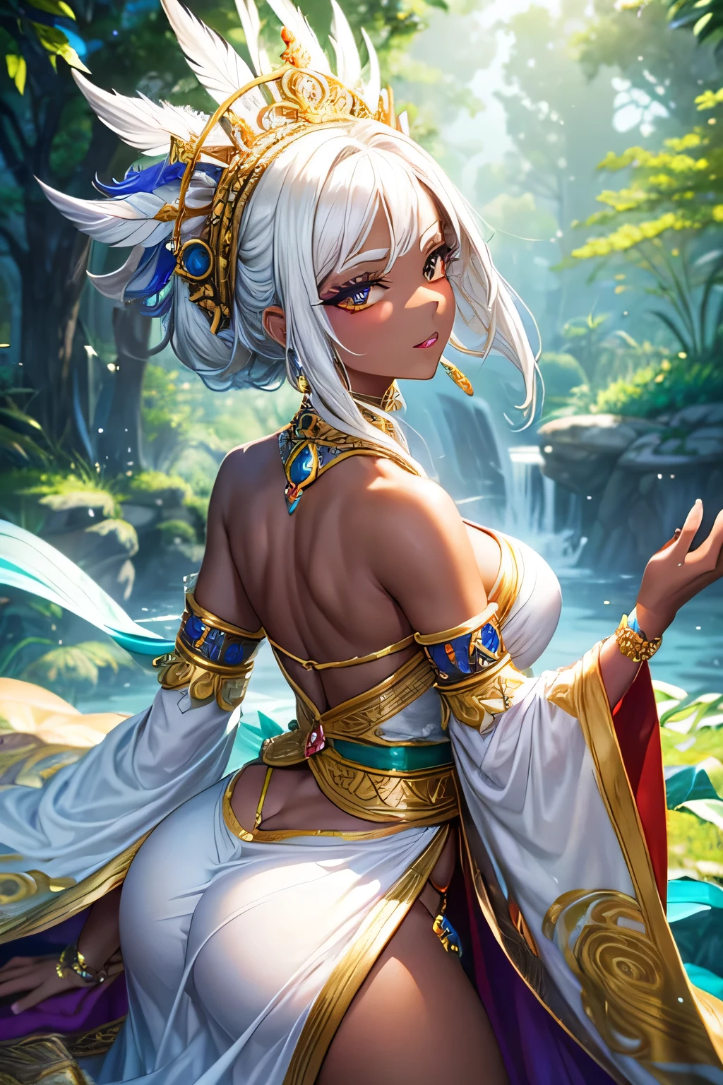 "A stunning black princess with striking short white hair stands out against the vibrant backdrop of a grand ceremonial stage in the heart of Emerald City, the capital of Zara Kingdom. Her deep, ebony skin contrasts beautifully with her gleaming white hair, which catches the sunlight as she moves. She is dressed in a dazzling traditional outfit made of handwoven fabrics, adorned with intricate beadwork and vibrant feathers that reflect the colors of the surrounding sacred grove. The princess's rhythmic and powerful dance honors the spirits of the land, her every movement a testament to her royal grace and strength. The crowd, captivated by her presence, sings and claps in unison, their voices echoing through the grove as the bright afternoon sun highlights the vivid contrast of her white hair and dark skin, making her the radiant center of the scene."(((パンチラ)))