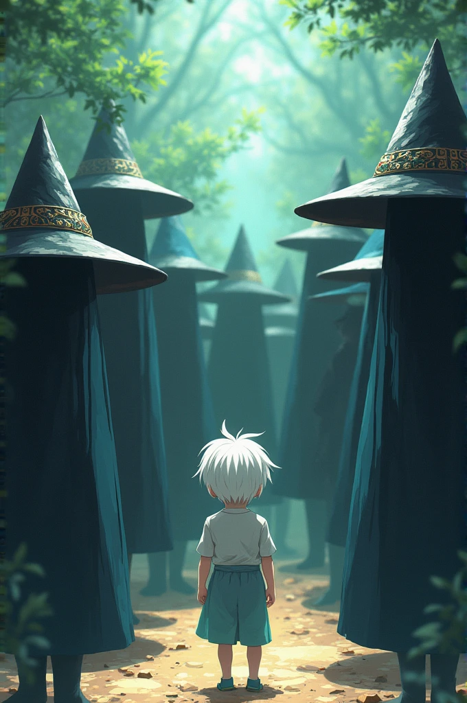 1 anime picture of 10 geniuses wearing conical hats covering their faces, The main character is five years old with white hair and green eyes.