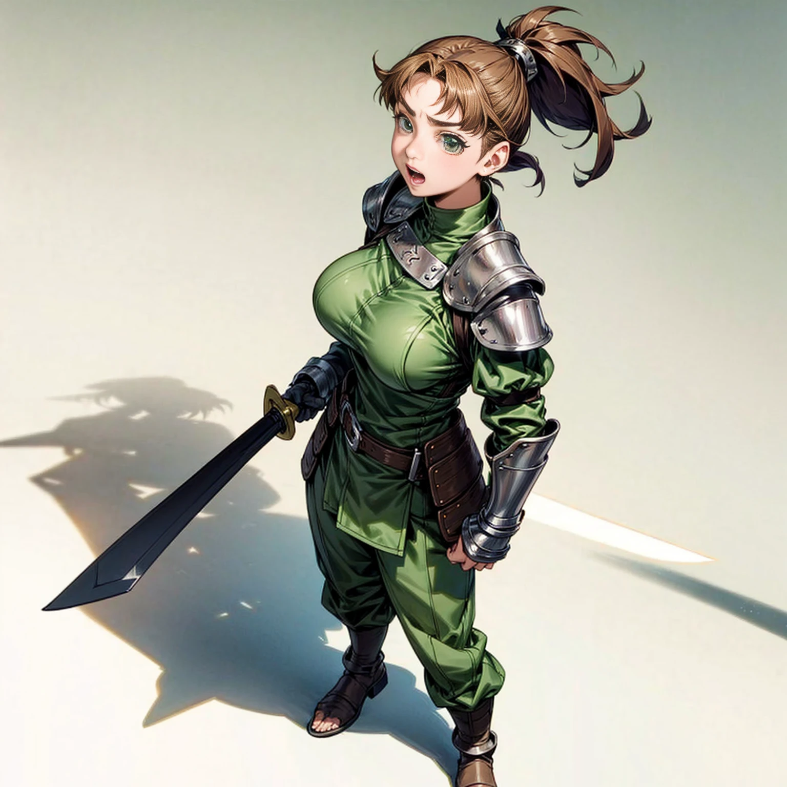 Solo character, full body version, young girl, long hair, ponytail, brown color hair, green eyes, medieval, soldier outfit, white color outfit, heavy armor, boots, full white background, standing gesture, open mouth, detailed shadow, very big breast, sword in right hand, (Naruto style art, violet Evergrande style art)