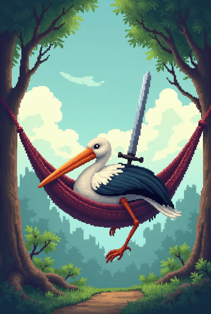 Create a stork that is sleeping in a hammock while holding a thin sword all this with a retro gaming pixel texture