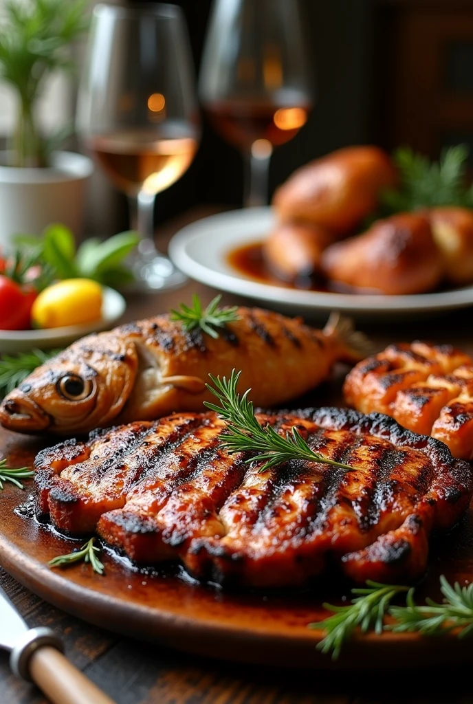 Grilled fish on the table，roast chicken，and grilled steak