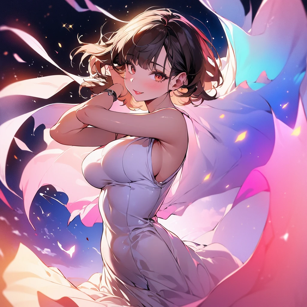 (masterpiece:1.4),, (Best Quality:1.4),, ultra high resolution,, 8k, CG,, (extremely delicate and beautiful:1.2),, , Upper part of the body,, on one side,, looking at the viewer,, , 1 girl,, Alone,, fashion girl,, mature girl,, , Beautiful, Sweet, long brown hair,, , Brown eyes,, Closed mouth,, Red lips,, , pink face from the wind,, , White dress,, medium breasts, Beautiful smile,, , short hair,, , starry sky, to become night,, , breeze on the cheek, holding her hair in the wind