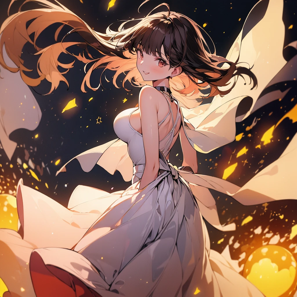 (masterpiece:1.4),, (Best Quality:1.4),, ultra high resolution,, 8k, CG,, (extremely delicate and beautiful:1.2),, , Upper part of the body,, on one side,, looking at the viewer,, , 1 girl,, Alone,, fashion girl,, mature girl,, , Beautiful, Sweet, long brown hair,, ponytail hair,, , Brown eyes,, Closed mouth,, Red lips,, , pink face from the wind,, , White dress,, medium breasts,