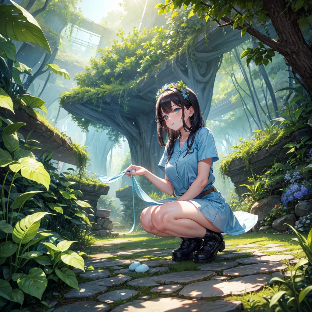 Large light blue plant with white stripes capable of expelling eggs that has the appearance of a carnivorous plant unique in a magical forest