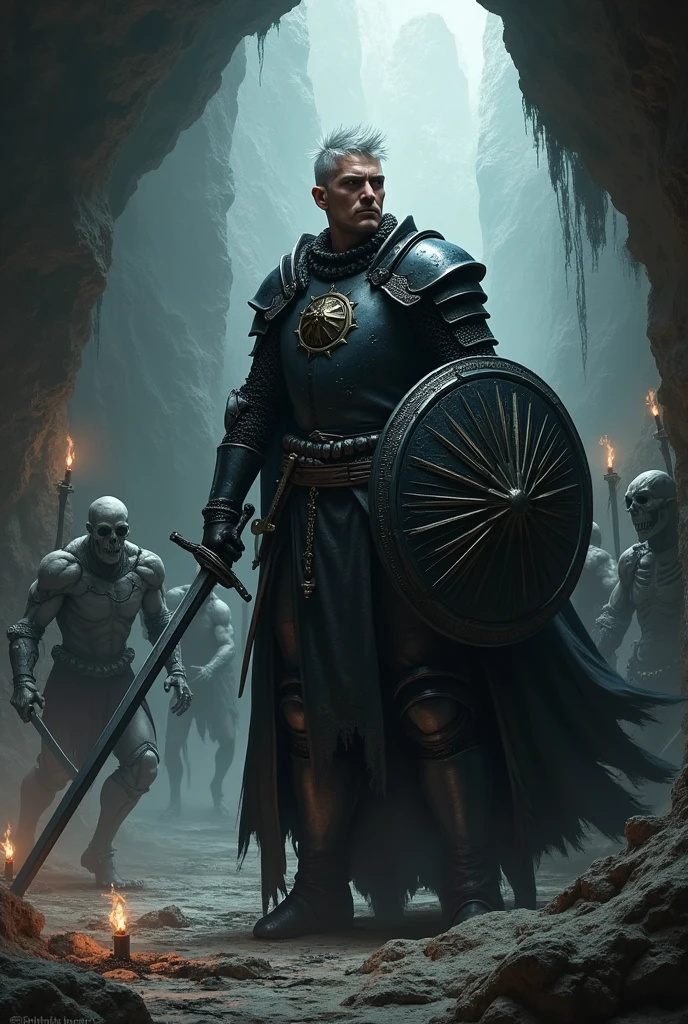 A tall man, shaven , with silver and spiky hair, eyes with silver iris, in a cave, with black medieval armor with a black sun on the chest, with a circular shield with the design of a sun, Wearing a longsword in his hands, fighting the undead