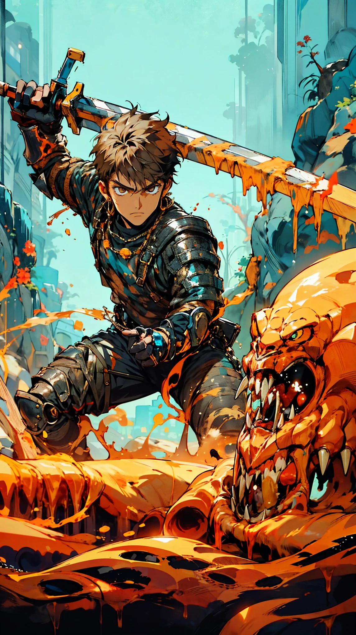 (high quality), (masterpiece), (detailed), 8K, (Teenage boy1.3) in (formidable armor1.4) readies his (double-handed sword1.4), taking on an (intense action pose1.4). The (bubbling corrosive ground1.4) of the (deadly Acid Arena1.3) surrounds him as he locks eyes with a (monstrous creature1.4) whose (venomous scales1.4) glisten ominously in the (toxic light1.3). (Dark, ominous atmosphere1.2) heightens the tension. (high quality), (masterpiece), (detailed), 8K, Anime style character with (cool and edgy tattoos1.3), dressed in (fashionable clothing1.2), posing confidently. Expression fierce, stylish accessory coiled around arm. Thicker outlines emphasize striking, modern fashion, vibrant palette enhances scene.