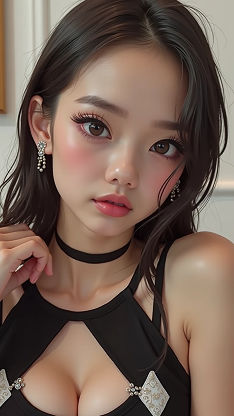 (Best Quality, 8k, High resolution, photorealistic:2.0), (Alone, A girl:2.0),(photo taken with flash:1.9),(illuminate the topic:1.8),(Ultimate Beautiful Girl:2.0),(shiny skin),(oily skin),(by rubio:1.7),(short hairstyle:1.5),(fresh beauty:2.0),Blush Brown Makeup , dark eye makeup , Wear bright pink lipstick,(girl with big bright eyes:1.5),(droopy eyed girl:1.5),(blue eyes:1.5),(thin girl:1.5),(baby girl face),(sexual attraction),(sweet smelling girl),(A girl que trabaja a tiempo parcial en un museo de arte.:1.3),(she works for low wages:1.5),(kind hearted woman:1.5),(ella tiene una Nice smile:1.3),(woman with a happy look:1.3),(She is very sociable),(from a very poor family:1.5),(virgin girl),(She is a secret pervert..),(she covertly lascivious),(she looks so erotic),(Preserving virginity for devout Christians),chuuChloe,(A woman with very soft breasts.),(woman fantasizing about sex),(seduction),(masturbation enthusiast:1.5),(stunning eyes:1.5),(clean girl),(affability),(fitted dress shirt),(Nice smile),(open mouth),(Hang)