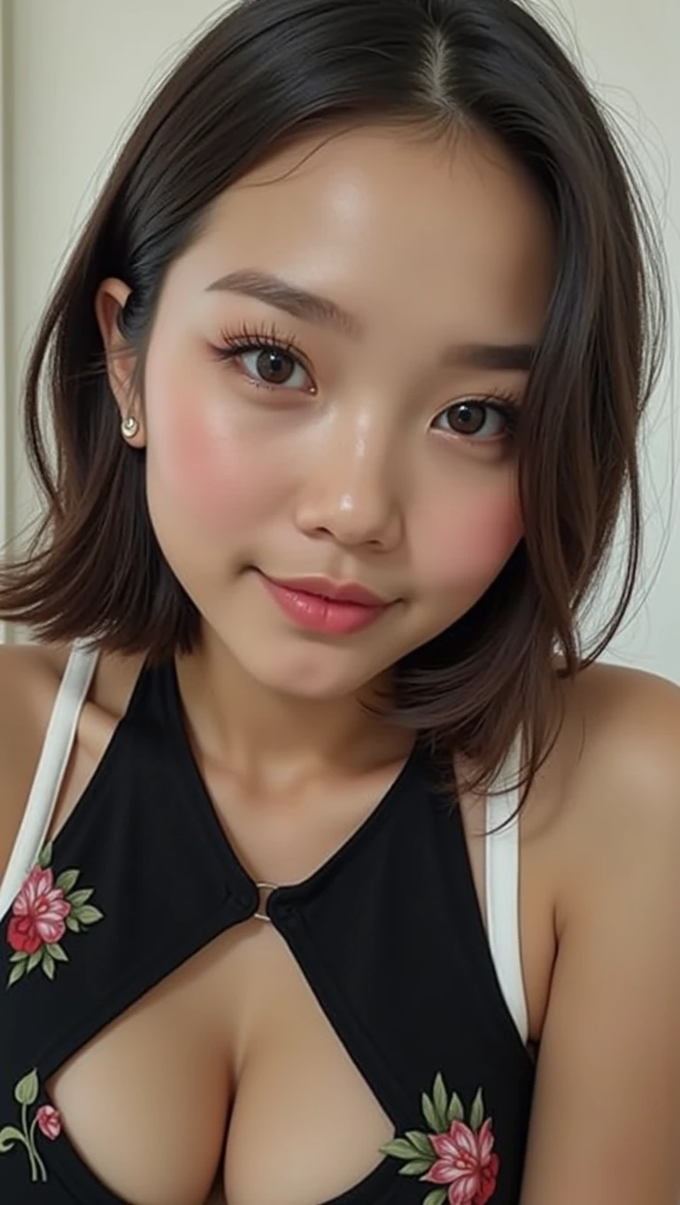 (Best Quality, 8k, High resolution, photorealistic:2.0), (Alone, A girl:2.0),(photo taken with flash:1.9),(illuminate the topic:1.8),(Ultimate Beautiful Girl:2.0),(shiny skin),(oily skin),(by rubio:1.7),(short hairstyle:1.5),(fresh beauty:2.0),Blush Brown Makeup , dark eye makeup , Wear bright pink lipstick,(girl with big bright eyes:1.5),(droopy eyed girl:1.5),(blue eyes:1.5),(thin girl:1.5),(baby girl face),(sexual attraction),(sweet smelling girl),(A girl que trabaja a tiempo parcial en un museo de arte.:1.3),(she works for low wages:1.5),(kind hearted woman:1.5),(ella tiene una Nice smile:1.3),(woman with a happy look:1.3),(She is very sociable),(from a very poor family:1.5),(virgin girl),(She is a secret pervert..),(she covertly lascivious),(she looks so erotic),(Preserving virginity for devout Christians),chuuChloe,(A woman with very soft breasts.),(woman fantasizing about sex),(seduction),(masturbation enthusiast:1.5),(stunning eyes:1.5),(clean girl),(affability),(fitted dress shirt),(Nice smile),(open mouth),(Hang)