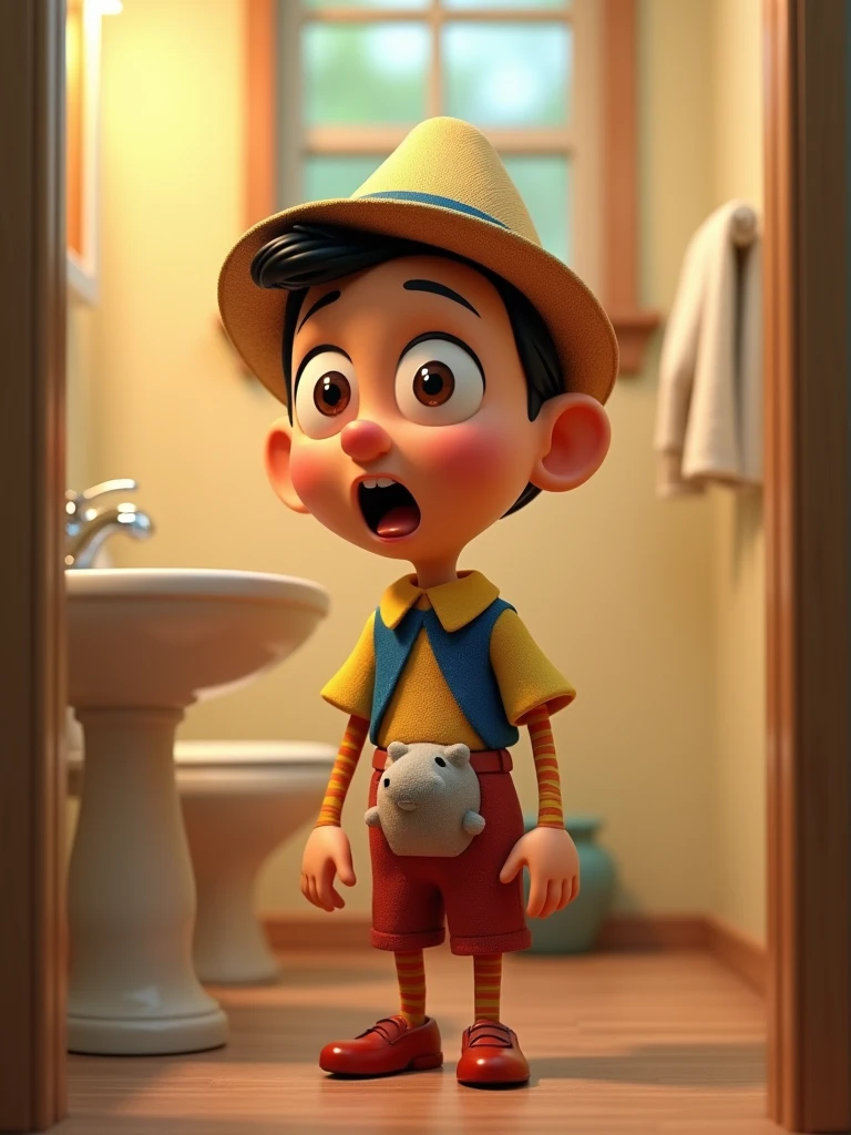 This image shows a cartoon character with the characteristics of the character Pinocchio in the style of a cartoon Pinocchio illustration, with big eyes, thick eyebrows, long nose, and a surprised expression. The character is naked, with a simple design, and has a small mammoth head between his legs, lower abdomen area, in the bathroom is an illustration, 3D style, especially for fun or funny content, 8k sharp, warm light, beautiful colors.