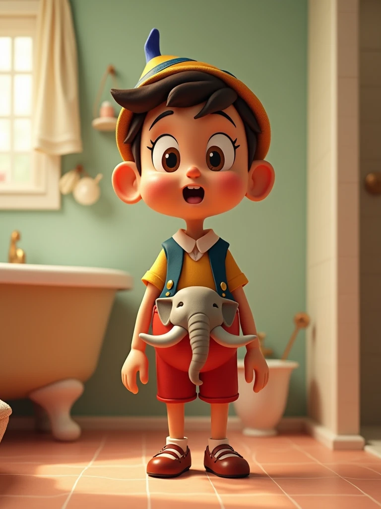 This image shows a cartoon character with the characteristics of the character Pinocchio in the style of a cartoon Pinocchio illustration, with big eyes, thick eyebrows, long nose, and a surprised expression. The character is naked, with a simple design, and has a small mammoth head between his legs, lower abdomen area, in the bathroom is an illustration, 3D style, especially for fun or funny content, 8k sharp, warm light, beautiful colors.